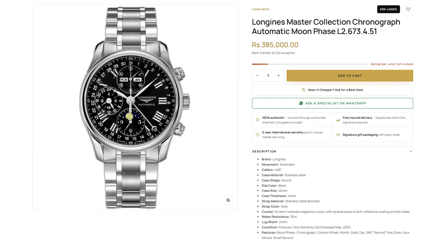 Full product page for a Longines Master Collection