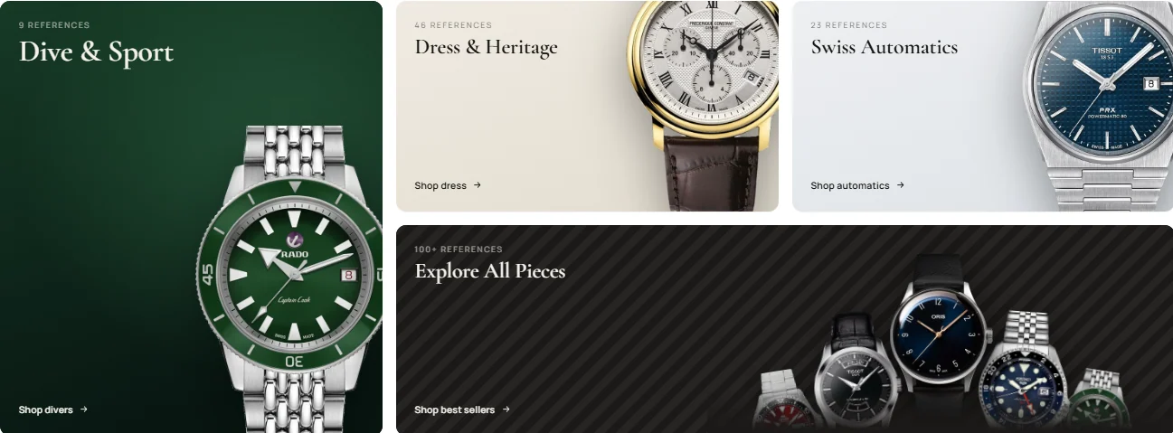 Collections: Dive & Sport, Dress & Heritage, Swiss Automatics and Explore All Pieces