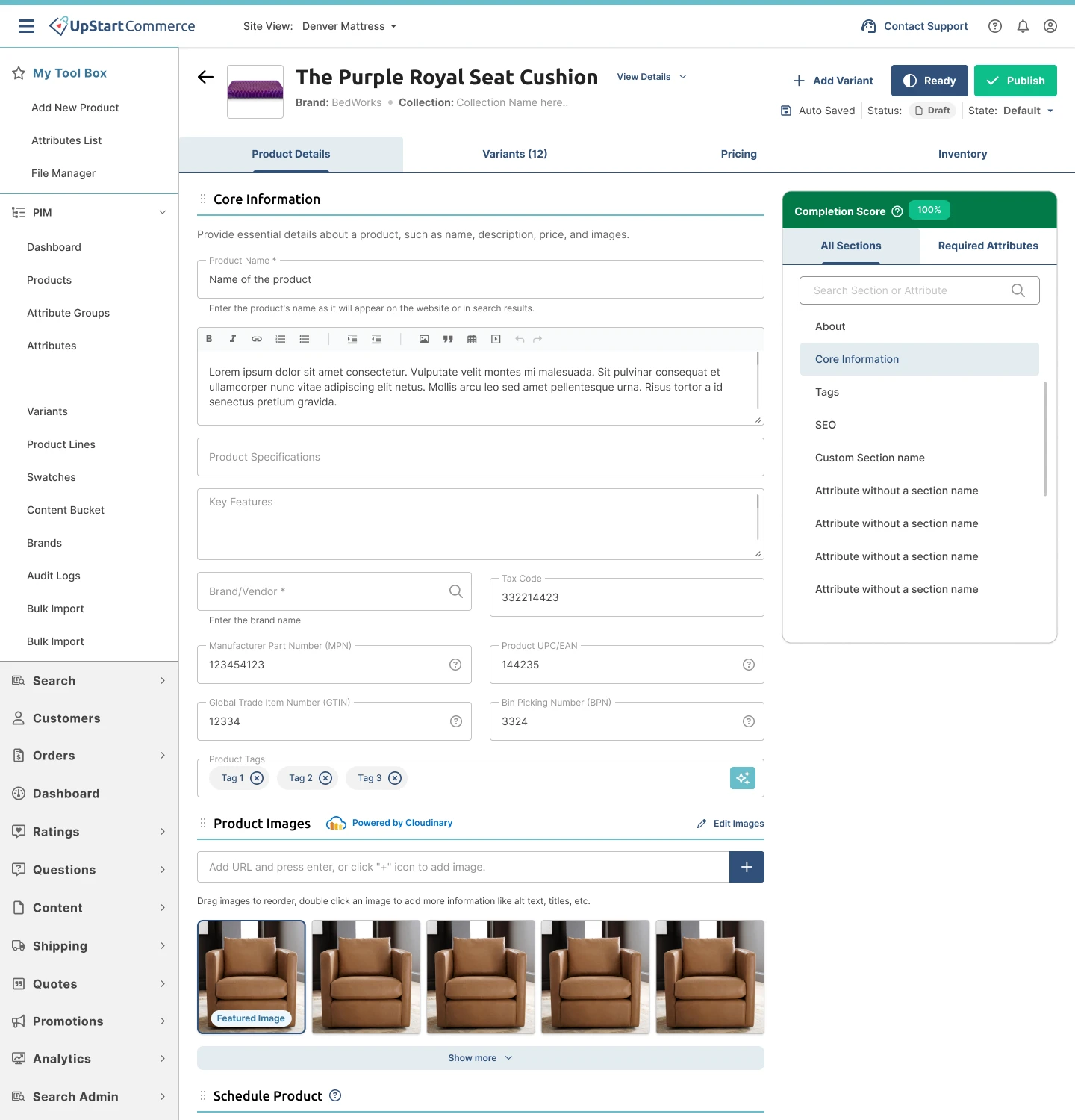 Product editor with a completion score