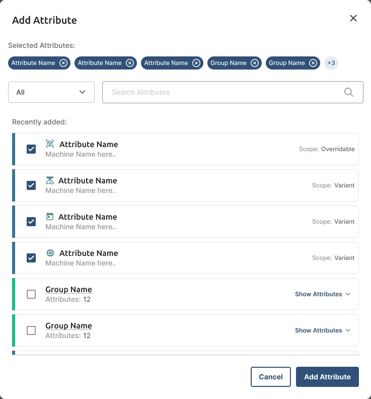 Adding attributes and groups to a template section